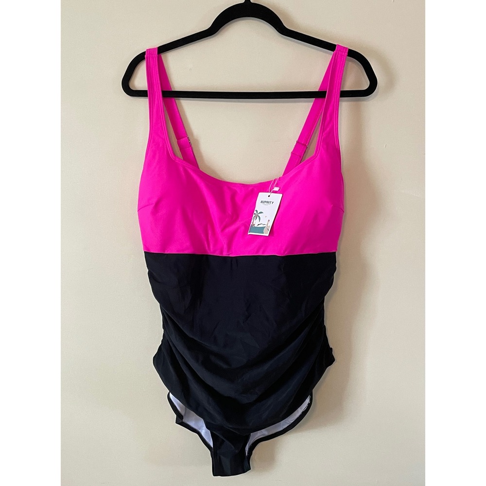 B2PRITY Womens Plus Size 2XL One Piece Swimsuit Pink Black Colorblock Ruched NEW